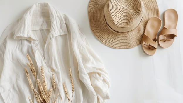 A stylish hat and scarf lay beside a pair of flip flops and a palm leaf on a wooden bed. The circle shape of the hat adds a fashionable touch to the peachcolored room AIG50