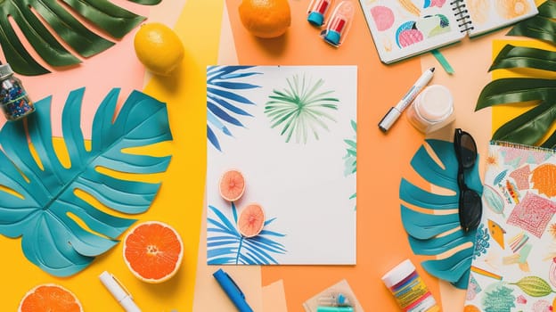 Using their green thumb and nimble fingers, a person creates paper flowers and leaves on an azure table, surrounded by nature and beauty AIG50