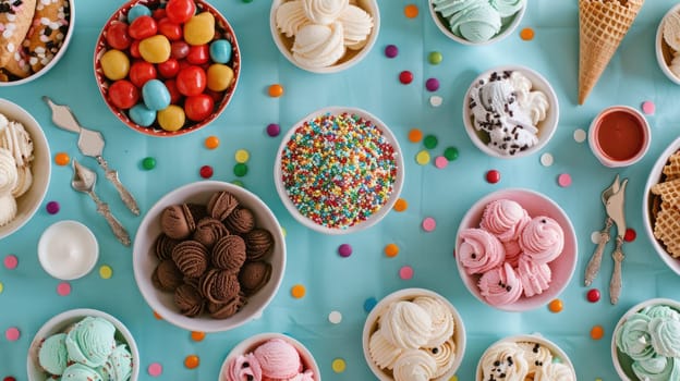 A pink table topped with bowls of candy and ice cream cones a delightful display of cuisine and recreation with magenta accents AIG50