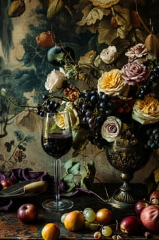 Classic floral still life fine art print, composition with rich arrangement of flowers and fresh fruits and a glass of wine, accented by lush vintage florals, English countryside art style design