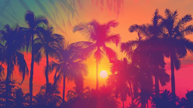 A breathtaking sunset scene with palm trees in the foreground, the sun setting in the background, casting a warm glow on the sky and creating a peaceful atmosphere AIG50