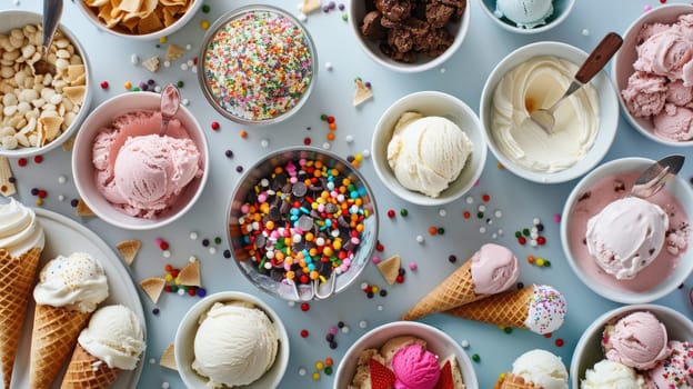 A pink table topped with bowls of candy and ice cream cones a delightful display of cuisine and recreation with magenta accents AIG50