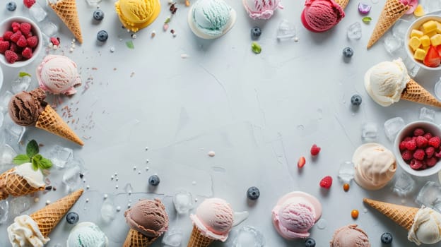 Various types of ice cream and berries displayed on an electric blue background, creating an artistic and refreshing scene reminiscent of summer fun AIG50