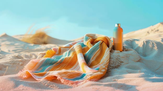 Under the vast sky and surrounded by nature, a towel and a bottle of sunscreen are left on the sandy beach, next to a watercraft and a beautiful landscape of grass and clouds AIG50