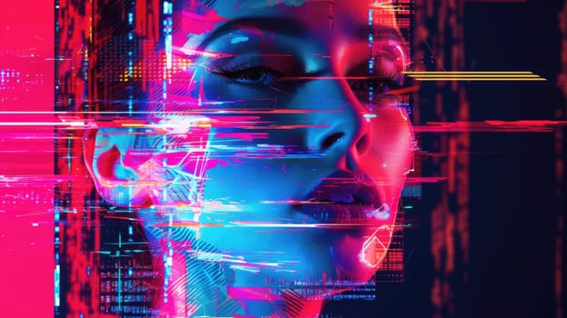 Futuristic abstract portrait of smart woman looking at camera with digital glitch with vibrant neon light. Young beautiful female staring at camera represent digital robotic simulated human. AIG42.