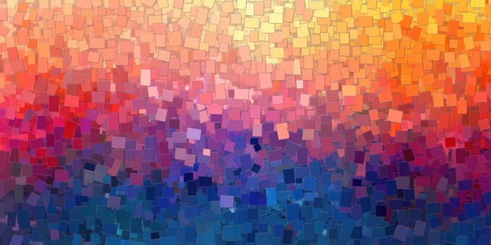 Artistic abstract digital image of rainbow color in pixel art texture. The squares are various sizes and bright colors, including red, blue, yellow, green, and orange. Gradient color concept. AIG42.