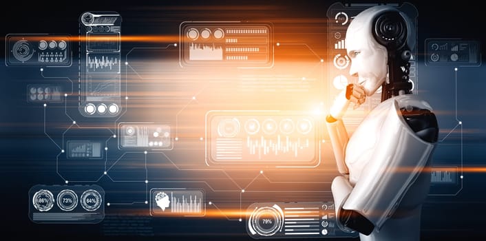 MLP 3d illustration Thinking AI humanoid robot analyzing hologram screen showing concept big data analytic using artificial intelligence by machine learning process. 3D illustration.