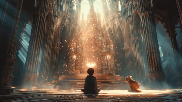 Photo of happy smart child sitting in front of throne at elegant castle hall surrounded with magical glowing light. Attractive bravery boy in fantasy uniform looking at throne represent power. AIG42.