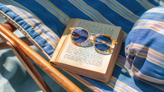 An open book and glasses in Electric blue frames are placed on a wooden chair. The contrast between the Azure chair and Aqua glass creates a visually appealing scene, perfect for art lovers AIG50