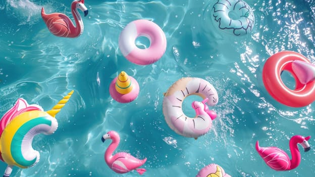 Colorful floats are drifting in the aqua water of a swimming pool, creating a vibrant and lively scene amidst the natural green landscape for leisurely activities AIG50