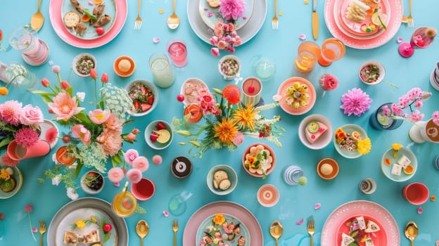 An artfully arranged table featuring a variety of dishes, garnished with fresh flowers. A beautiful display for sharing and enjoying delicious cuisine at a special event AIG50