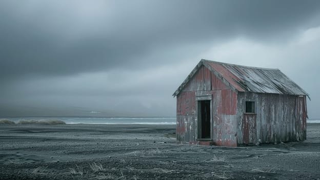 A small wooden house stands on a beach by the ocean under a cloudy sky, blending into the natural landscape with its rustic facade AIG50