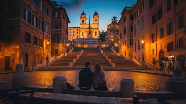 Back view of happy lover looking at impressive view while sitting at staircase. Couple of energetic tourist enjoy visiting tourist attraction while looking at face and spending time together. AIG42.