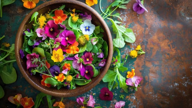 An artful arrangement of leafy greens and colorful flowers in a bowl, placed on a vibrant blue table. The natural landscape is enhanced with this beautiful botanical illustration AIG50