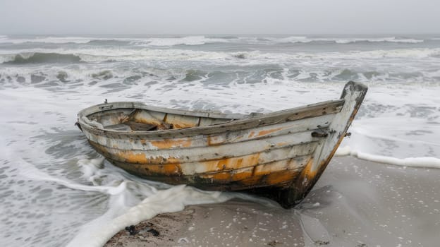 A watercraft is resting on the sandy beach amidst the vast ocean waters. The sky is filled with fluffy clouds and the wind waves gently AIG50