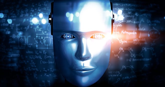 MLP 3d illustration Robot humanoid face close up with graphic concept of engineering science study by AI thinking brain, artificial intelligence and machine learning process for 4th industrial revolution. 3D illustration