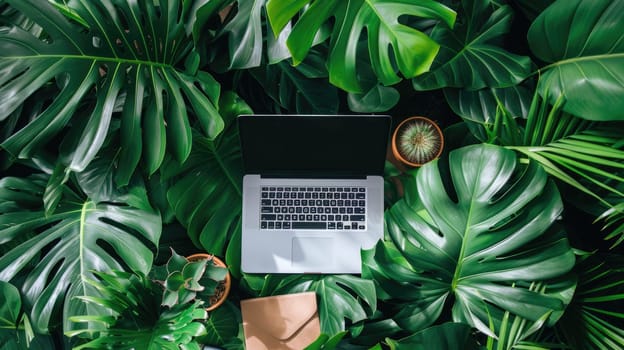 A laptop, a notebook, and oranges are placed among tropical leaves, enhancing the lively ambiance with vibrant colors of flowers and terrestrial plants AIG50