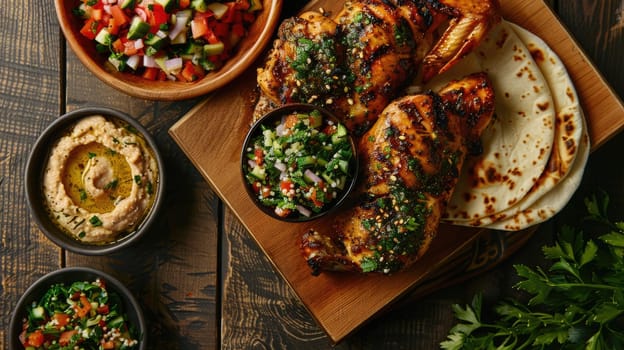 The table is filled with a variety of foods, from staple ingredients to leaf vegetables. Dishes from various cuisines are served on plates alongside fresh produce and tableware AIG50