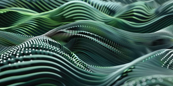 Green and black glowing 3D rendering of parametric sound waves AIG51A.