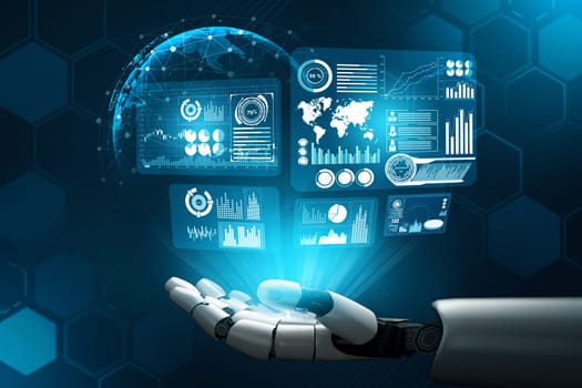 MLP 3D Rendering futuristic robot technology development, artificial intelligence AI, and machine learning concept. Global robotic bionic science research for future of human life.