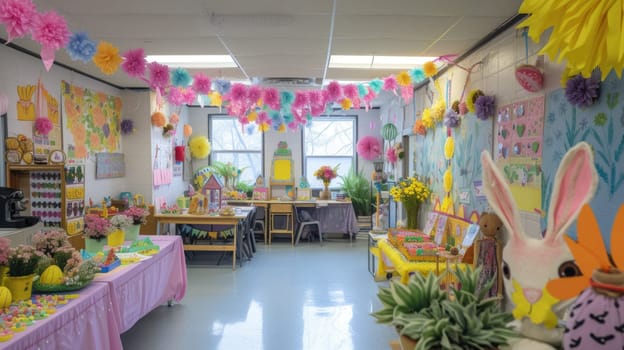 Photography of classroom decorated with colorful paper in easter egg day for celebrated spring season. Elementary school celebrated in easter egg festival with creative rabbit doll and mask. AIG42.