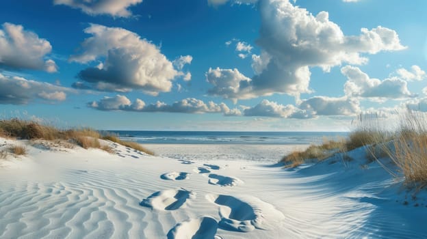 A tranquil painting of a sandy path leading to the ocean, with a cloudy sky above and the horizon blending into the natural coastal landscape AIG50