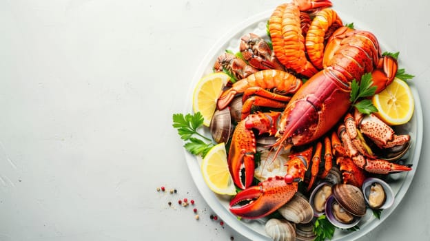 A dish of seafood featuring lobsters, shrimp, clams, and lemon slices presented on a table with exquisite tableware and garnished with leafy vegetables AIG50