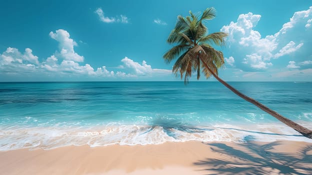 An Arecales tree stands tall on a sandy tropical beach, with the ocean waves and cloudy sky in the background, creating a picturesque natural landscape