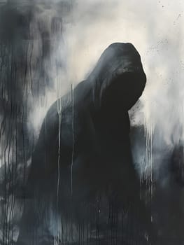 A sculpture of a hooded figure emerges from the mist and darkness, creating a mysterious and eerie atmosphere in the foggy landscape