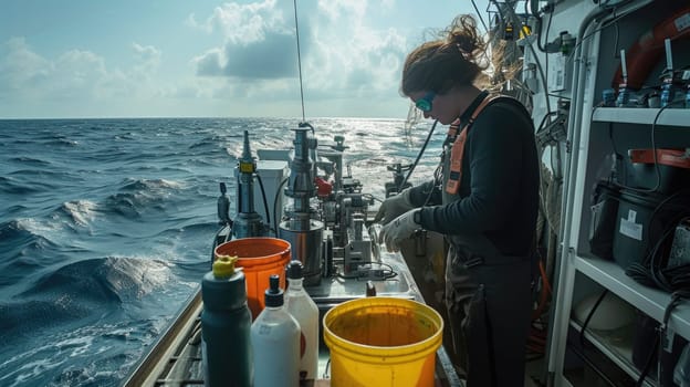 A marine scientist examines water samples on a research vessel, conducting environmental analysis on the open sea. AIG41