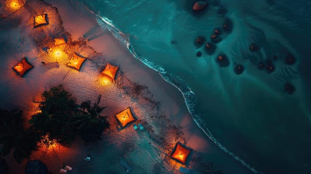 A captivating aerial view of a beach at night with a string of lanterns illuminating the waters edge, creating a magical atmosphere under the cover of darkness AIG50