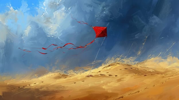 A red kite soars gracefully over a desert landscape in a painting, with cumulus clouds dotting the sky and adding to the atmosphere of heat and wind AIG50