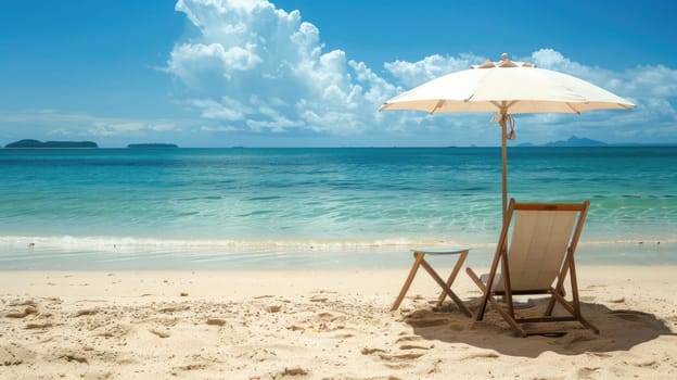 A chair and an umbrella provide shade on the sandy beach, with the azure sky reflecting in the crystal clear water of the oceanic coastal landforms AIG50