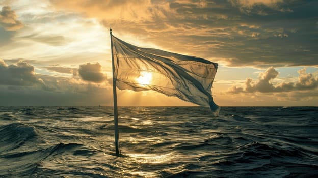 A vibrant red flag flutters under a cumulus cloud in the electric blue sky amidst the vast expanse of liquid water, signaling a warning to travelers of potential danger ahead AIG50