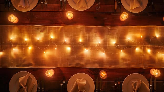 A wooden table with plates and candles on it. An automotive fog light and headlamp also sit on the table, creating a cozy ambiance in the space AIG50