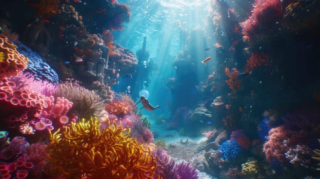 Children diving in the ocean with fantasy underwater view surrounded with vibrant color from coral and fish swimming around. Attractive elementary student exploring the world under the sea. AIG42.