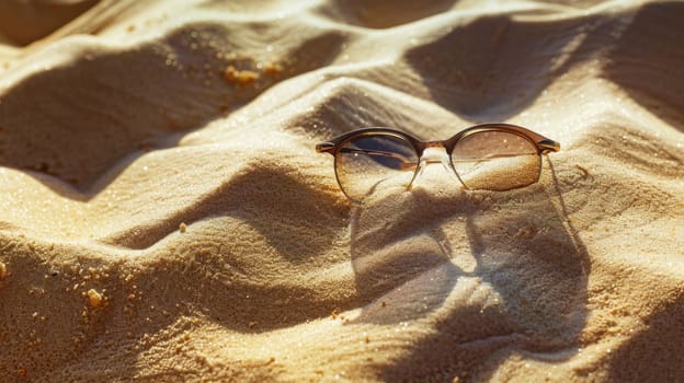 A fashionable pair of sunglasses made of transparent material sits atop a pile of sand on a beach, providing vision care and protection from the bright sunlight AIG50