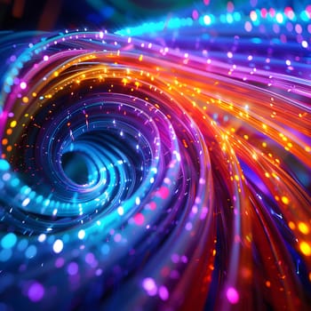 A computer generated image of a vibrant swirl of lights resembling a colorful water wheel in nature. The mix of purple and electricity creates a mesmerizing visual effect lighting up the scene