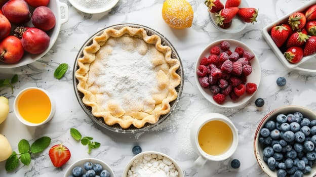 A still life photography featuring a table adorned with bowls of fruit, eggs, flour, and a pie. This composition showcases the ingredients for a delicious recipe AIG50