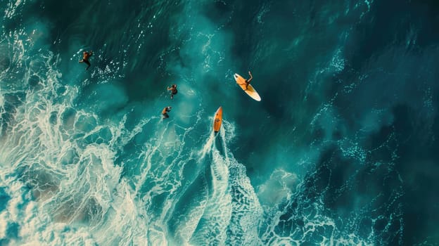 A group of surfers are gliding on an azure wave in the electric blue ocean, surrounded by liquid beauty of the natural landscape AIG50