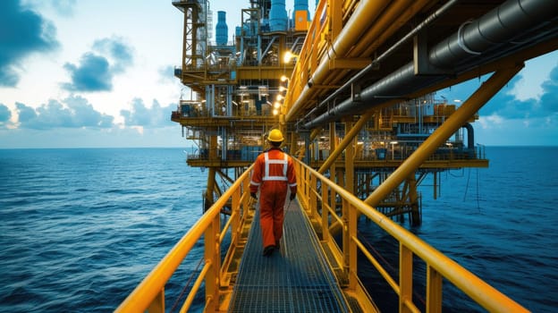 A man travels across the water, on a bridge connecting the oil rig to the boat, under a sky filled with clouds and naval architecture. AIG41