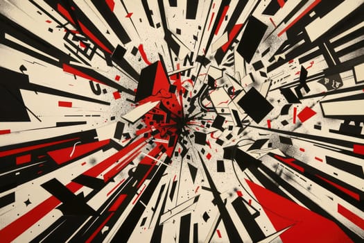 a bauhaus illustration in white, black and red of an explosion of content, the content is made by single letters, words and whole sentences flying in all directions. AIG51A.