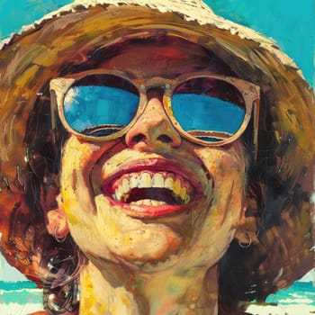 A happy woman in a sun hat and sunglasses is smiling on the beach, enjoying the sun and having fun while on a travel adventure AIG50