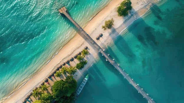 An aerial view of a tropical island showcasing a dock extending into the aqua water leading to a beautiful beach surrounded by lush green trees and natural landscape AIG50