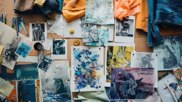 A fusion of pictures and fabrics on a wall creates a stunning collage of art. Electric blue petals, flowers, and paper products add a unique touch to the facade AIG50