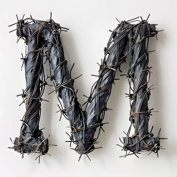 The letter M is creatively crafted from barbed wire entwined with vibrant electric blue flowers, resembling a unique fusion of plant and art