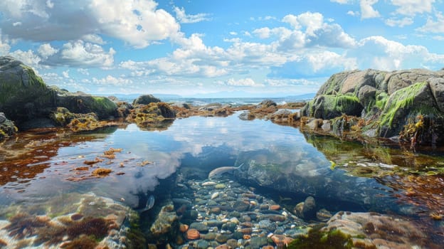 A picturesque natural landscape featuring a body of water surrounded by rocks and mountains, with a clear blue sky and fluffy clouds reflecting in the calm water AIG50