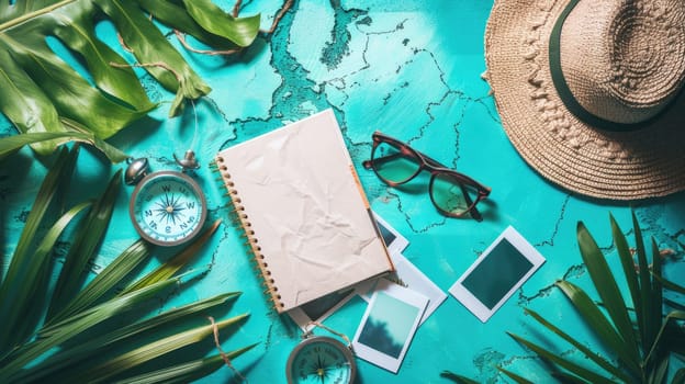A green hat, aqua sunglasses, an electric blue compass, a watercolored notebook, and a map with an azure pattern on a circle design table AIG50