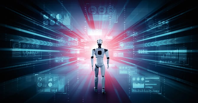 MLP 3d illustration robot humanoid analyzing big data using AI thinking brain and machine learning process in concept of the 4th fourth industrial revolution.