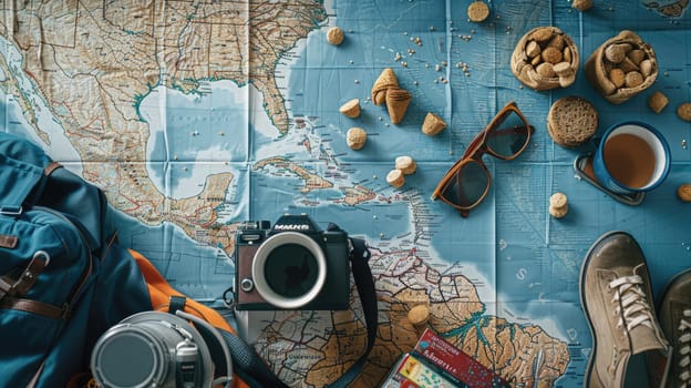 A traveler is laying on a map with a backpack and camera, capturing the worlds beauty. The scene combines art, travel, and leisure in a unique way AIG50